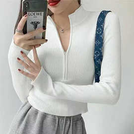 短款上衣长袖秋季小个子卷边套手指半高领拉链针织衫女新款洋气