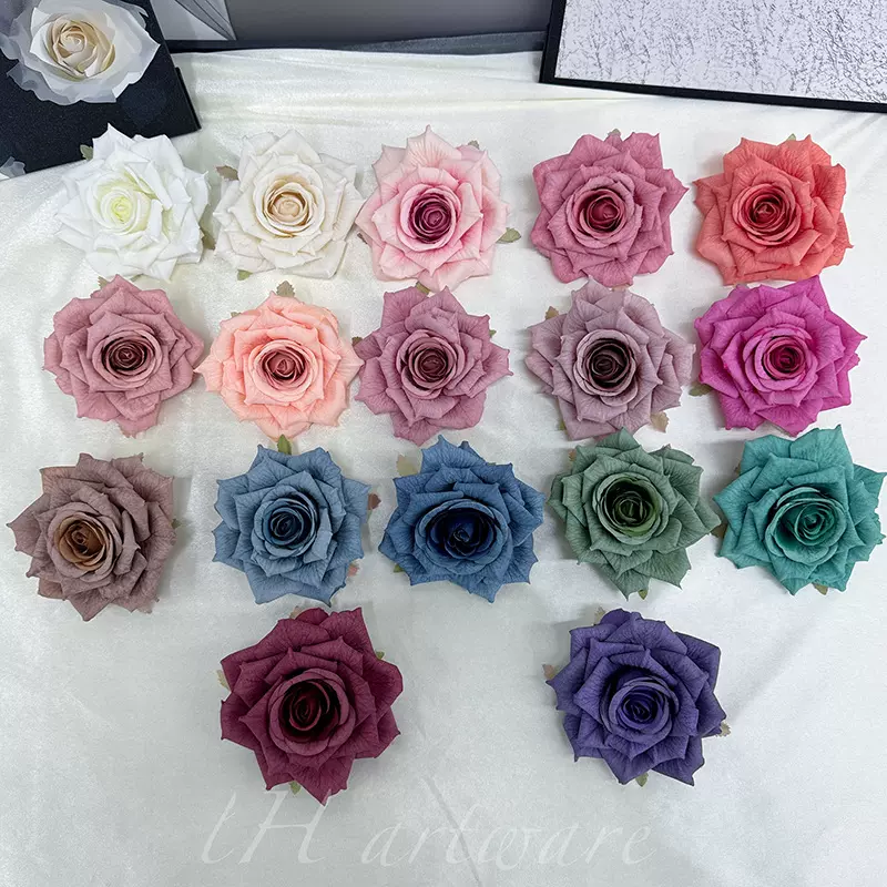仿真玫瑰花头丝印玫瑰花头婚礼手捧花腕花花环花盒场景批发仿真花