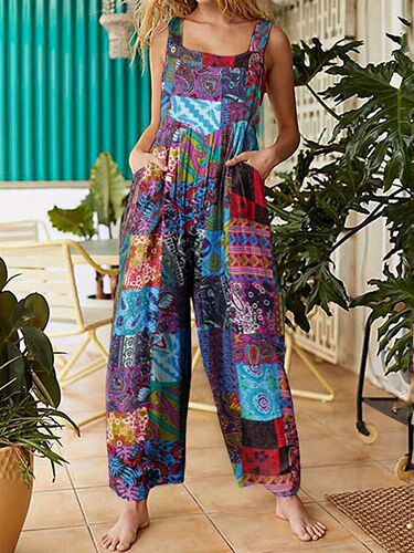 Women's Floral Print Overalls Casual Straps Jumpsuit with