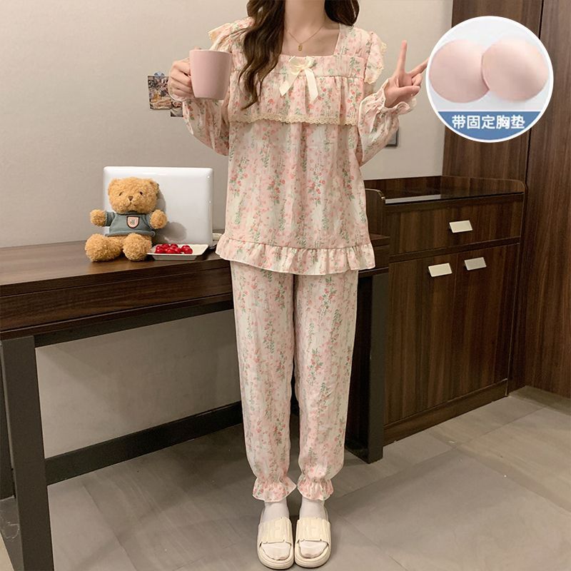 Al por mayor transfronterizo primavera y otoño nuevo pijama de mujer cinturón de pecho tejido nubes algodón manga larga dulce princesa ropa de estilo casero cubierta