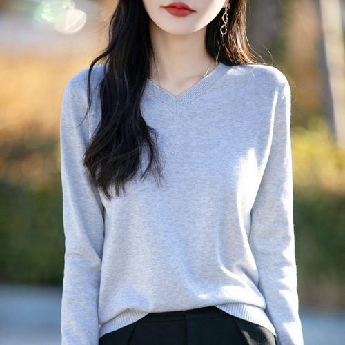 100 cotton spring new style V-neck knitted long-sleeved soft loose pullover simple solid color western style bottoming shirt for women