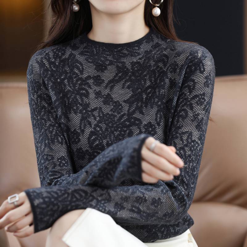 New Cashmere Spring Clothes Cashmere Sweater Half-turtleneck Lace Hollow-out Inner Sweater Women's Slim-fit Wool Base Shirt