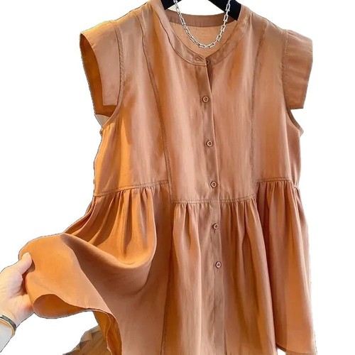 Relaxed minimalist casual lightweight luxury niche sleeveless women's autumn medium-long length hem puff top