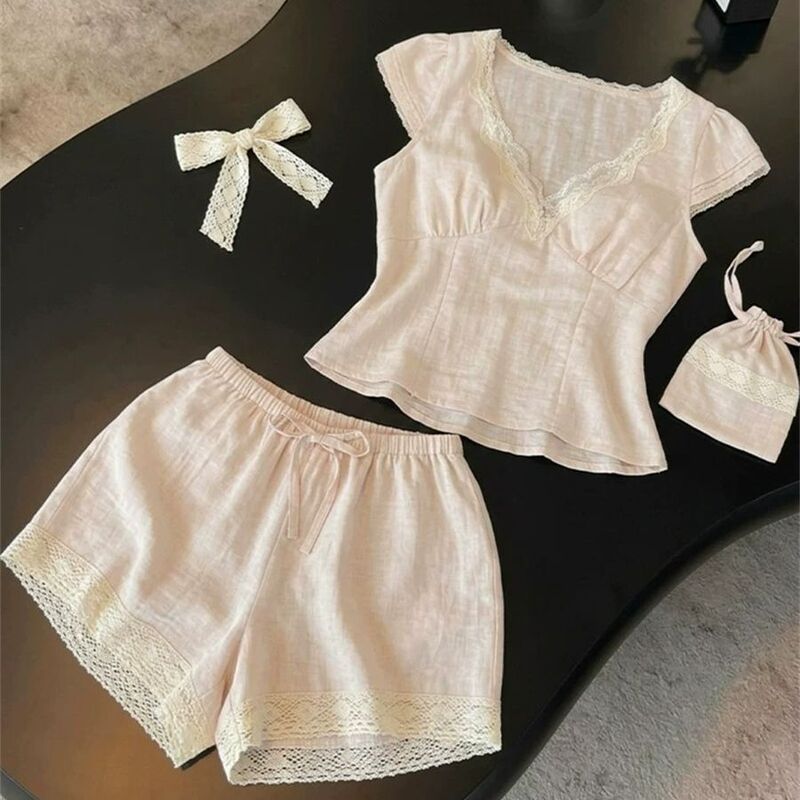 Sweet girly lace V-neck short-sleeve pajamas for women, 2026 summer new large size shorts home wear set Sweet girly lace V-neck short-sleeve pajamas for women, 2026 summer new large size shorts home wear set