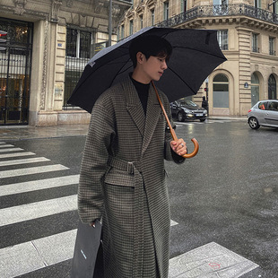 MYQ Houndstooth Plaid Woolen Coat Men's Korean-style Loose Mid-length Woolen Coat Autumn and Winter Thickened Coat Trendy