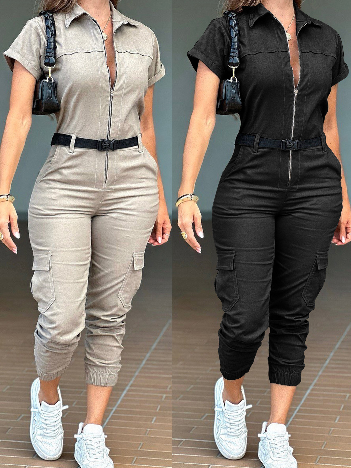 Mono de trabajo de moda casual de las nuevas mujeres de Amazon, mono de manga corta, solapa, cremallera, bolsillo, cinturón, mono