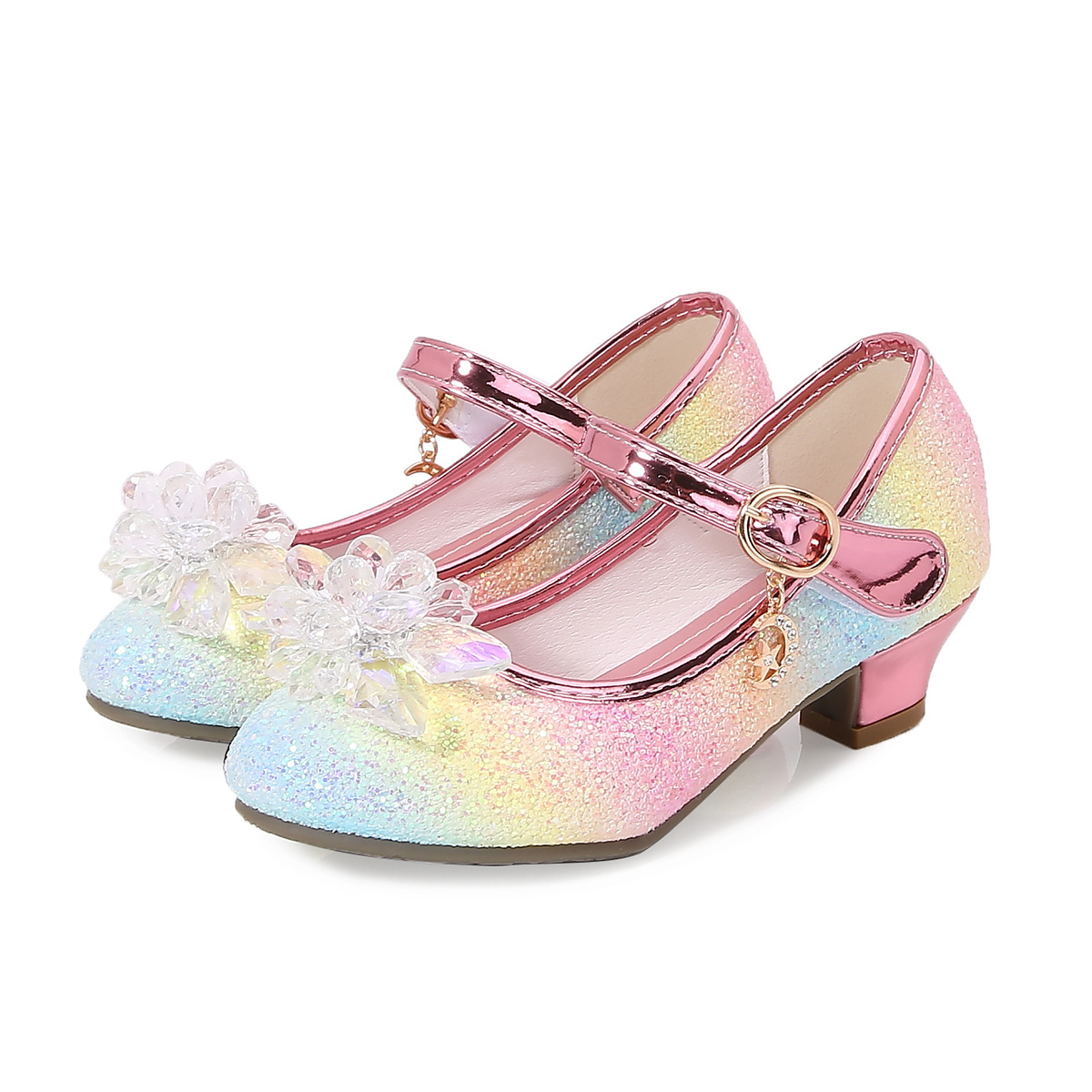 Zapatos de princesa para niñas 2024 primavera nuevos zapatos de rendimiento de escenario de tacones altos para niños grandes zapatos de cuero de cristal para niños pequeños zapatos individuales