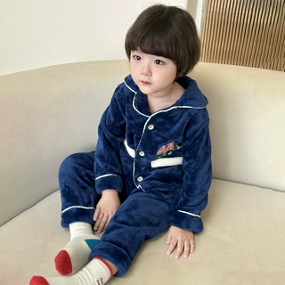 男童睡衣秋冬款儿童家居服冬季加厚法兰绒保暖套装男孩冬天居家服