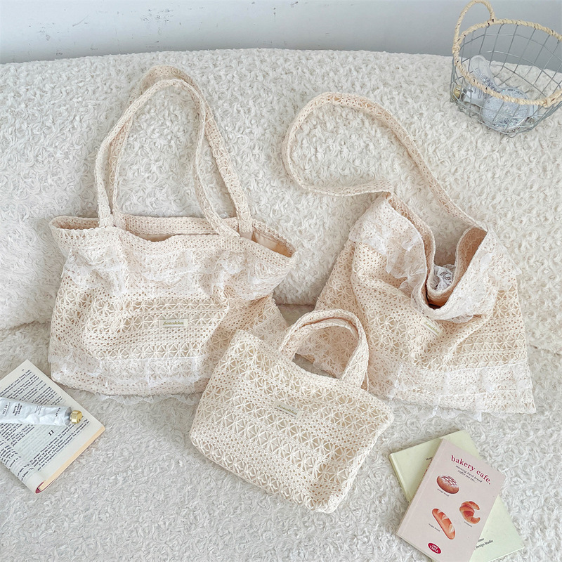 56281 Summer Casual Vacation Shoulder Bag Fairy Lace Canvas Bag Large Capacity Tote Bag Cut Out Beach Bag