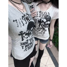 美式复古骷髅头印花收腰短袖t恤女夏季亚文化朋克y2k千禧辣妹上衣