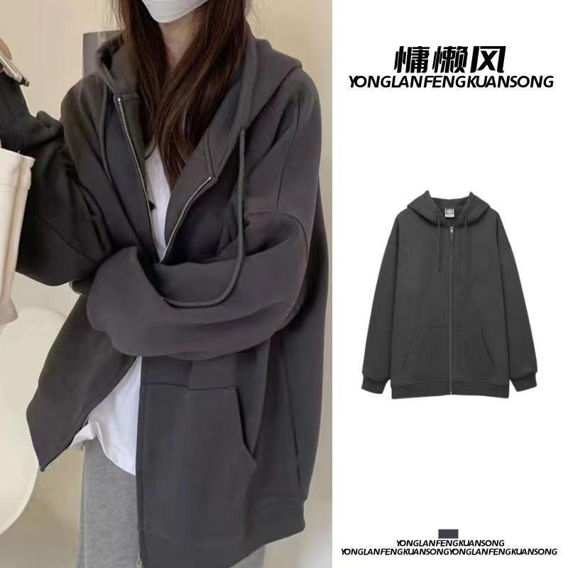 Women's Hoodie Jacket, Spring and Autumn Style, Zipper, Korean Style, Lazy Style, Thick Hooded, 2026 New Fashion Cardigan, Fleece-Lined, Autumn Season