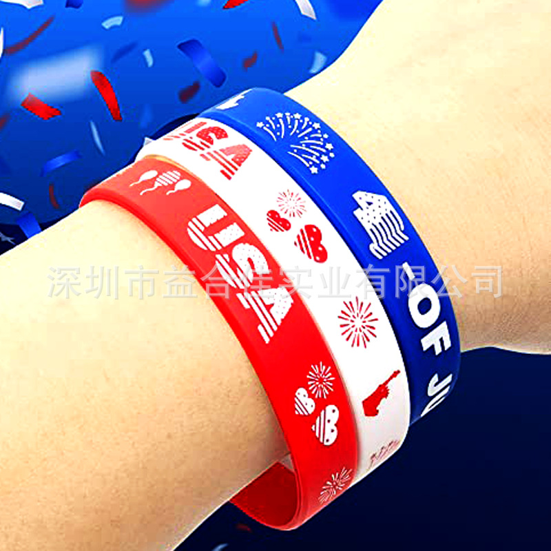 Cross-Border Patriotic Rubber Bracelet Printing Red White Blue Silicone Wristband Wrist Strap Bracelet Independence Day Party Gift Ornament