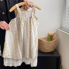 森系2024夏季新款女寶寶碎花連衣裙女童洋氣蕾絲裙子跨境公主裙