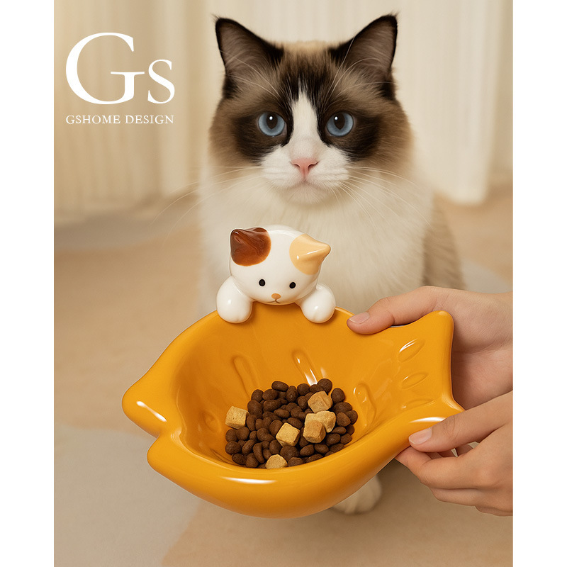 矮脚猫咪饭碗斜口陶瓷大口径可爱创意保护颈椎宠物喝水食盆防打翻|undefined