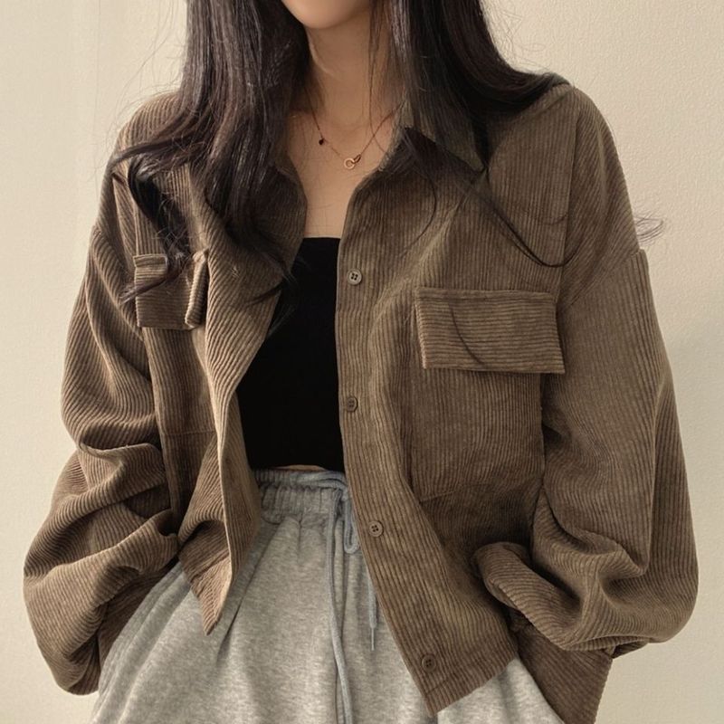 韩国秋冬法式复古宽松百搭单排扣翻领短款灯芯绒衬衫外套女潮|undefined