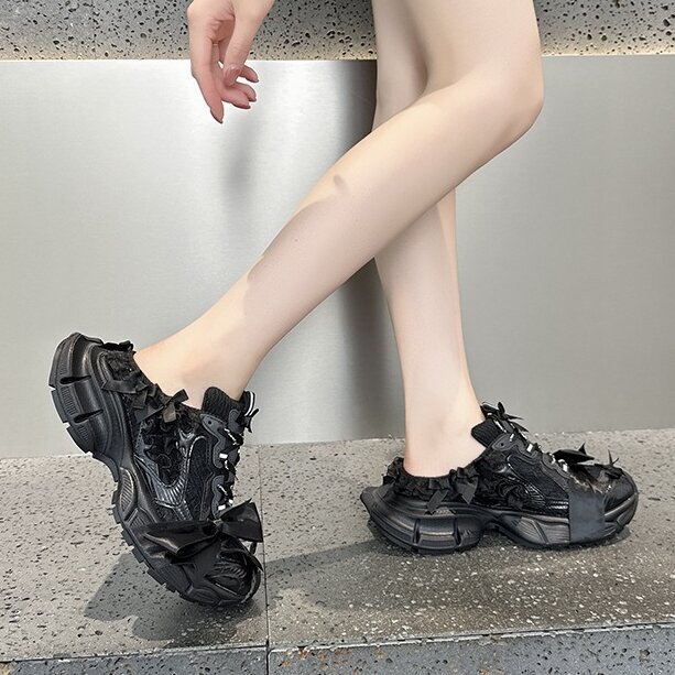 Summer New Lace Bow Thick-Soled Height-Increasing Casual Slip-On Dirty Dad Half Slippers for Women Nxj68059