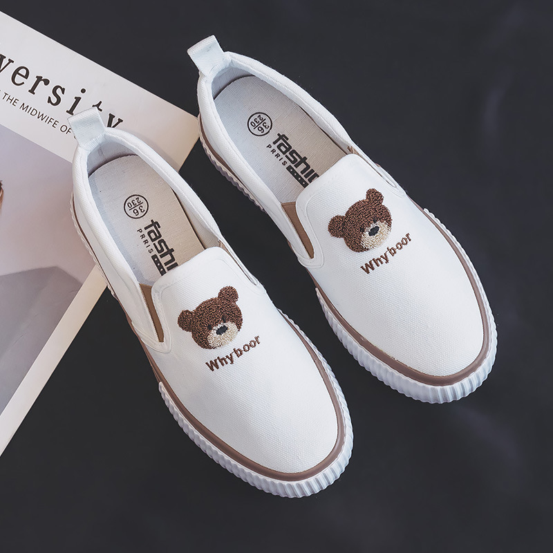 Práctica de trabajo de la parte baja de la banda elástica slip-on zapatos de mujer todos los partidos transpirable slip-on oso negro zapatos de lona