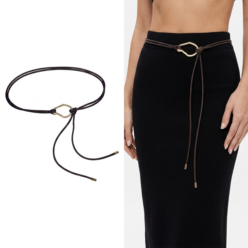 Metal Buckle Soft Leather Rope Knotted Belt for Women, Fashionable Accessory for Coats, down Jackets, Decorative Sweater Dresses, Thin Leather Belt