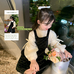 Amobaby Girls' Elegant Velvet-lined Cotton Black Romper Dress + Bow-knot Bottoming Shirt 2-piece Set