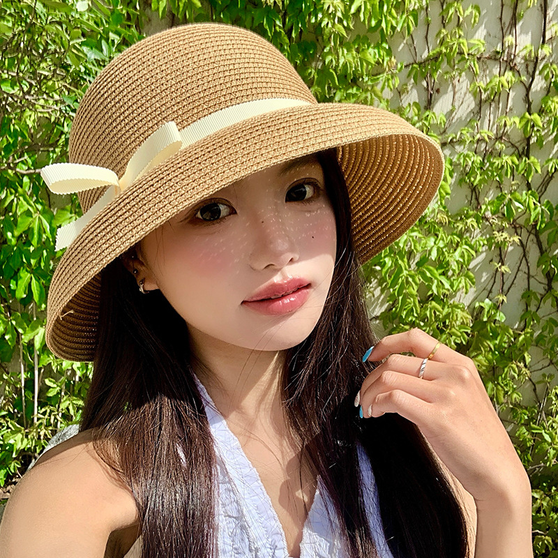 Sombrero de paja estilo Hepburn con lazo, verano 2025, sombrero protector solar para mujer