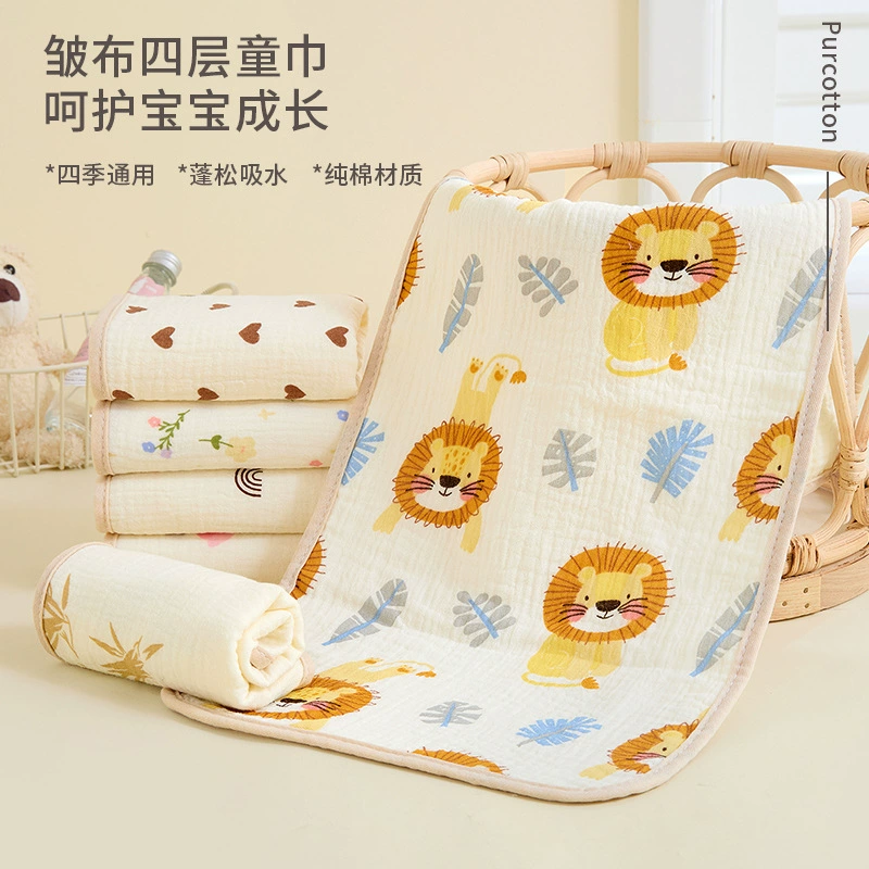 Детское полотенце из чистого хлопка класса А, 2025, из жатой ткани, четырехслойное, для умывания, впитывающее, для домашнего использования, полностью хлопковое, с маленьким мультяшным принтом