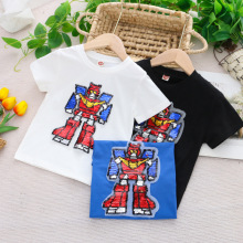 25儿童夏季童装男童短袖T恤变色亮片超人英雄上衣服外贸一件代发