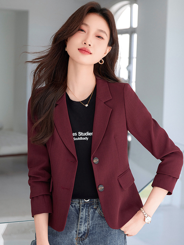 酒红色西装外套女款春秋2025新款今年流行爆款超火短款小个子上衣|undefined