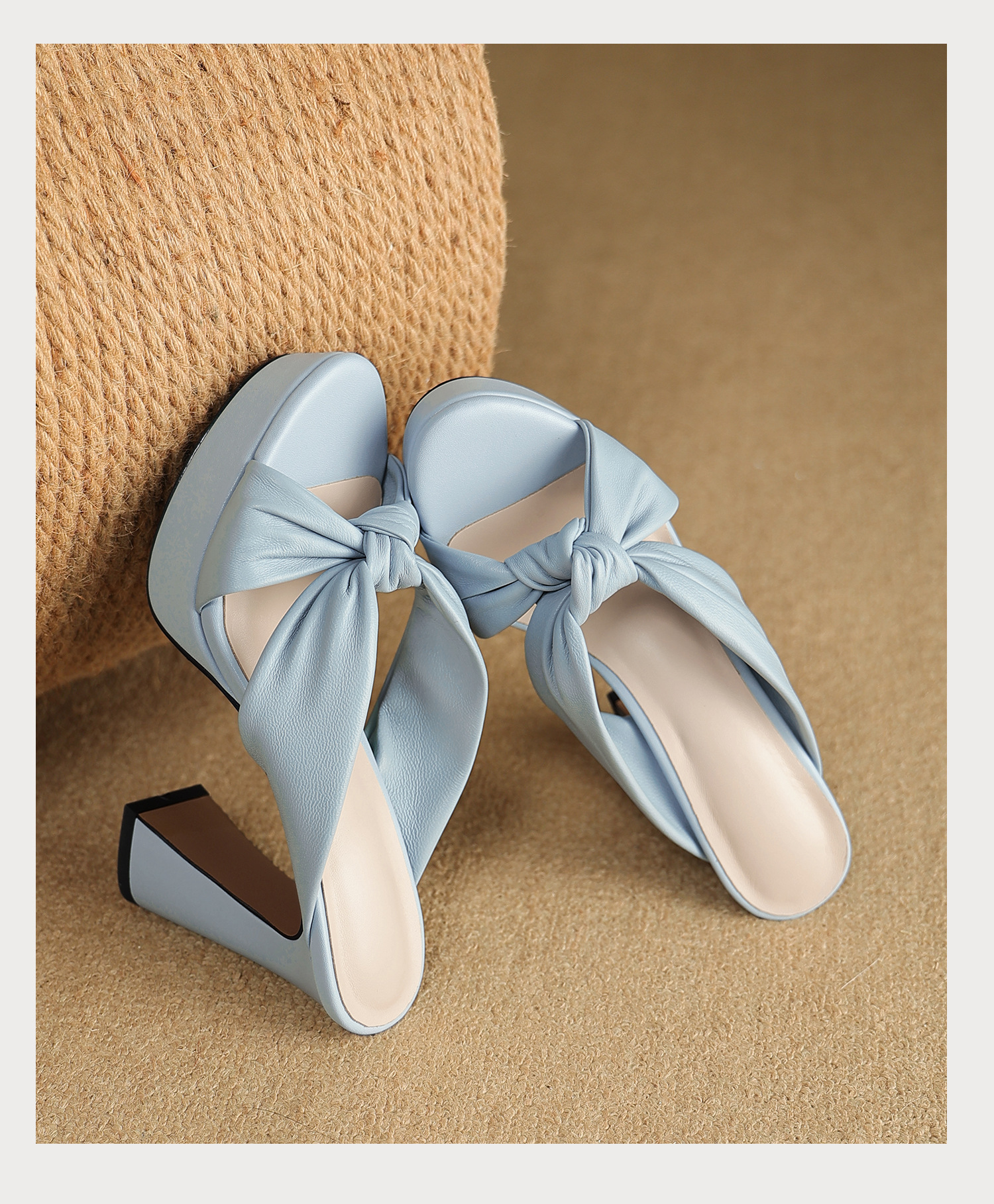 Sandal cao gót nữ mũi hở da cừu mềm, đế xuồng platform, gót vuông 8-10cm, nơ bướm — Hồng 8cm, Xanh da trời 10cm, Hồng 10cm, Trắng kem 8cm chi tiết 27