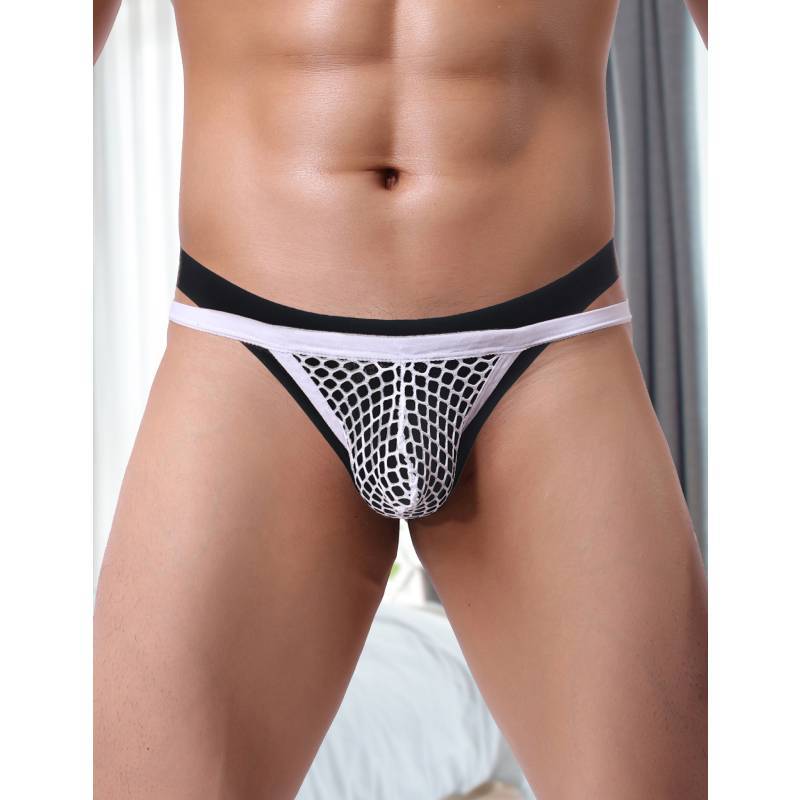 Suministro de comercio exterior Sexy red de pesca tanga lencería sexy calzoncillos para hombres bolsillo en forma de U ropa interior gay