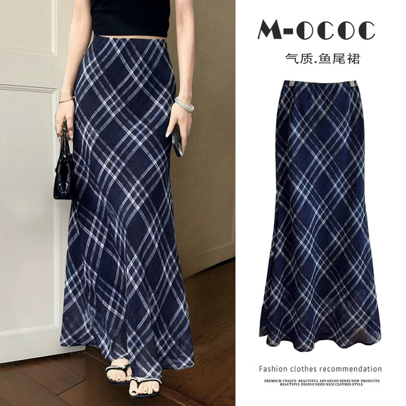 Retro Literary Blue Light Gauze Texture Plaid Skirt Women's Fishtail Skirt Summer Slimming Look Plaid Elegant Long Skirt