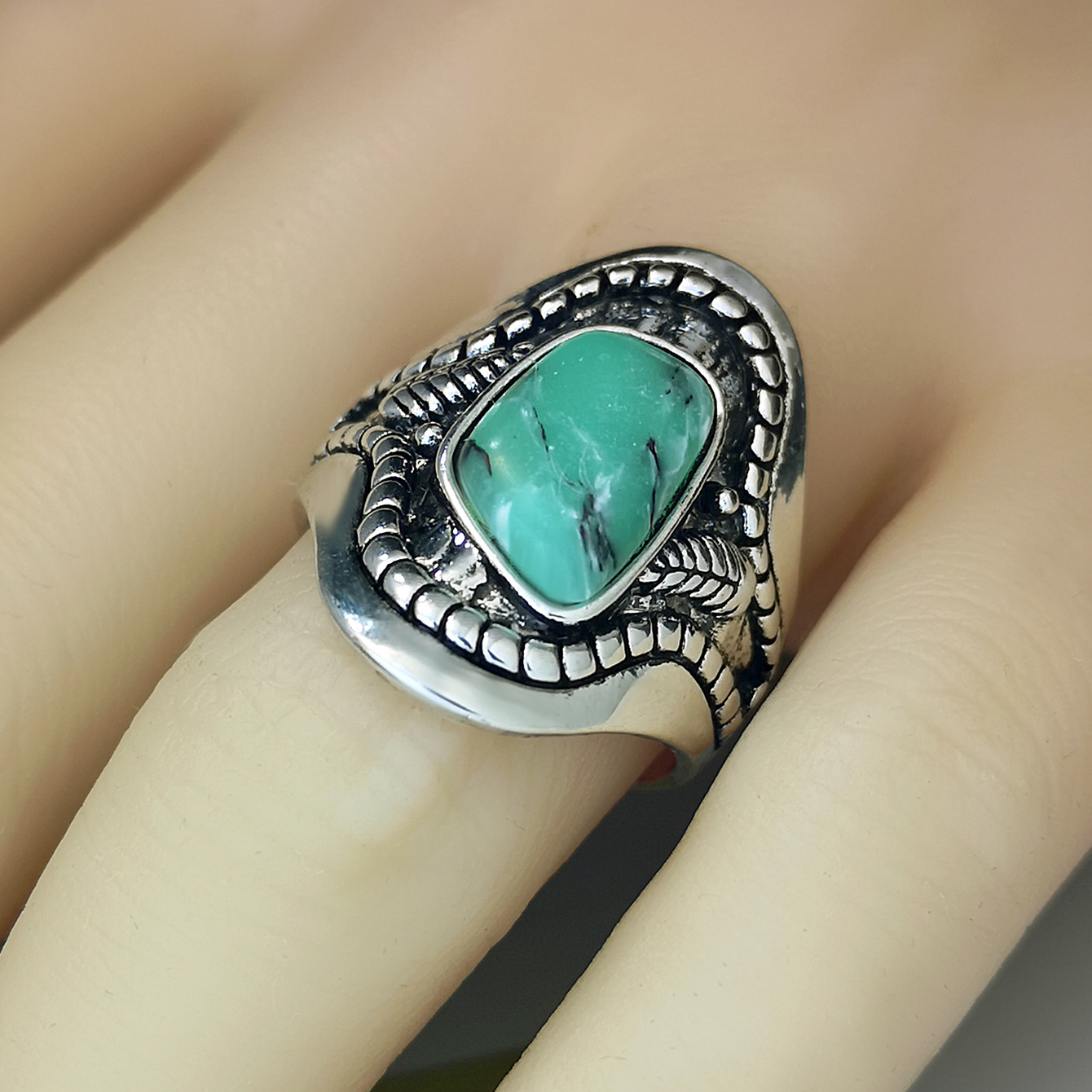 Bague Turquoise Calcédoine Marbrée Feuille D'arbre Ethnique display picture 1