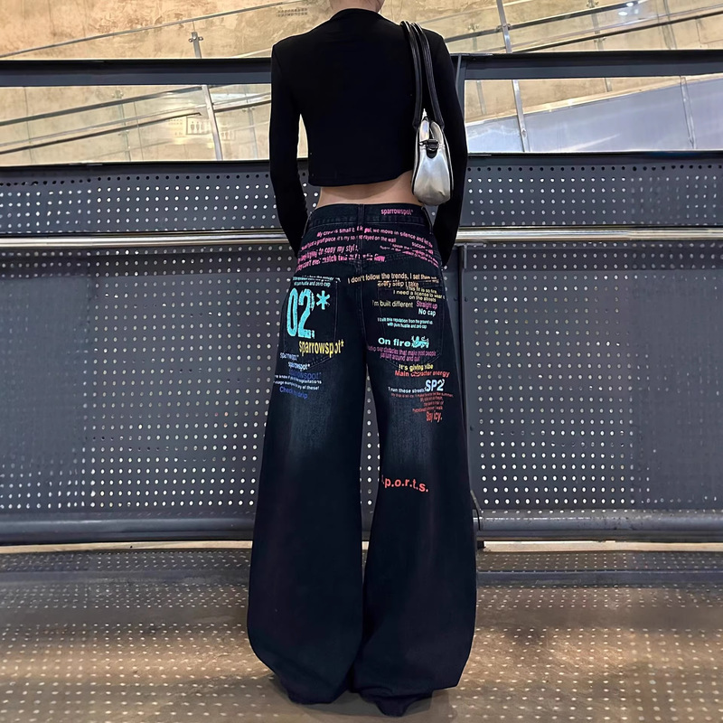 American Retro Colorful Letter Slogan Wide-Leg Jeans for Women, Autumn and Winter Loose Street Casual Straight-Leg Floor-Length Pants