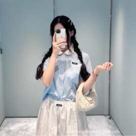 2026春新款南油高定miu家娃娃领拼色短袖衬衫女简约通勤风百搭上