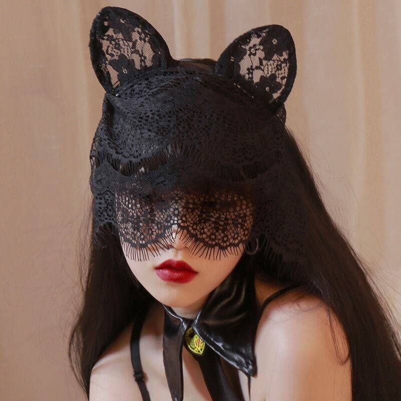 Lace Cat Ear Headband with Semi-Face Eye Mask and Mesh Face Cover, Red — detail image 1