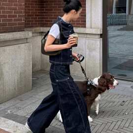 轻熟设计套装圆领新款复古休闲美式牛仔马甲宽松毛边阔腿裤两件套