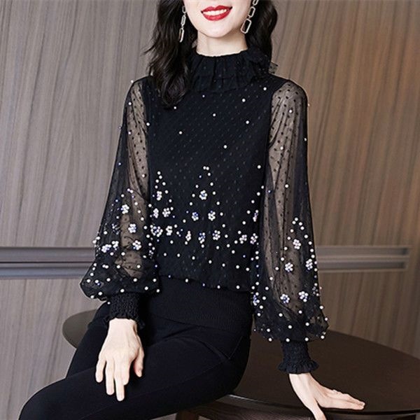 2021 Spring New Style Chic and Mature Style High Neck Lantern Long Sleeve Mesh Inner Layer Top, Feminine Top