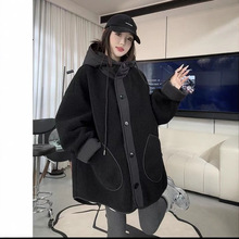 时尚拼接宽松显瘦皮毛一体羊羔毛外套秋冬新款连帽长袖上衣男女款