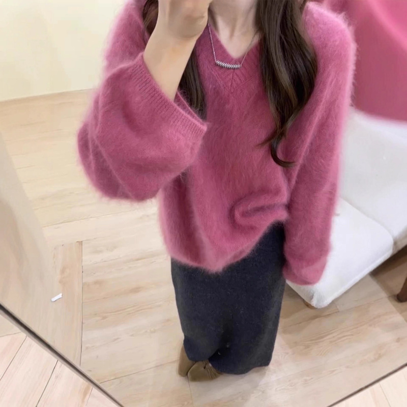 Rose Red V Neck Mohair Pullover Long-Sleeved Sweater for Women in Autumn and Winter, Lazy and High-End Outer Wear Loose Knitted Top