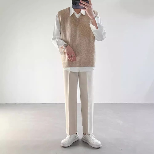 Spring Autumn Winter Korean Version Loose Knitted Underwear Sleeveless Vest Men's Inner Wear Top Hooded V-neck Sweater Waistcoat 