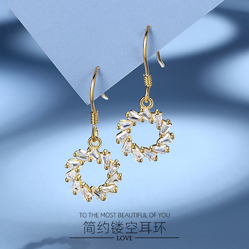 Estilo coreano plata esterlina S925 pendientes en forma de círculo con diamantes ins estilo pendientes brillantes estilo japonés y coreano pendientes largos