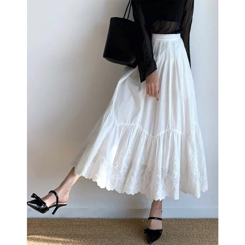 French style embroidered cotton lace white skirt women's summer 2023 elastic waist slimming temperament mid-length A- line skirt