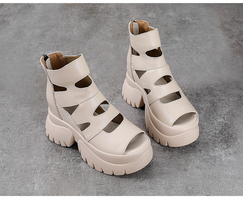 Giày sandal cao gót nữ hở mũi da bò thật đế dày tăng chiều cao — màu đen chi tiết 13