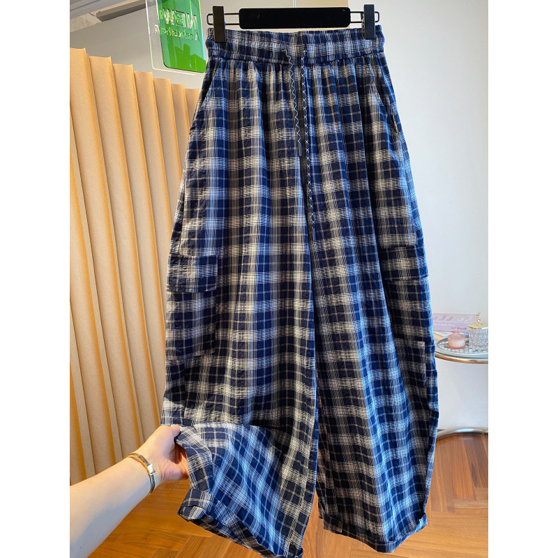 复古慵懒风格子裤女2025新款宽松休闲显瘦遮垮阔腿裤弯刀裤香蕉裤|undefined