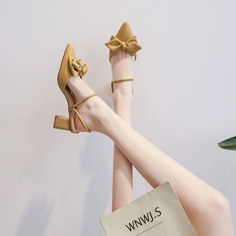 Женские босоножки с бантом 6009-3, летние французские босоножки на среднем каблуке, Двусторонняя поддержка Baotou, 2023