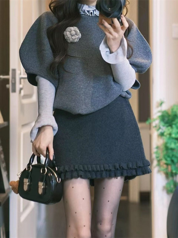 木耳边高腰灰色毛呢半身裙女大码胖mm春秋显瘦遮肚小个子a字短裙|undefined