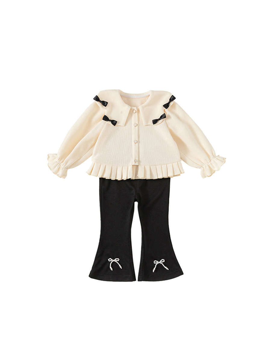 Conjunto de Dos Piezas para Niñas Youbao, Primavera y Otoño, Estilo Chanel, Ropa Infantil, Chaqueta con Solapa y Lazo, Pantalones Acampanados