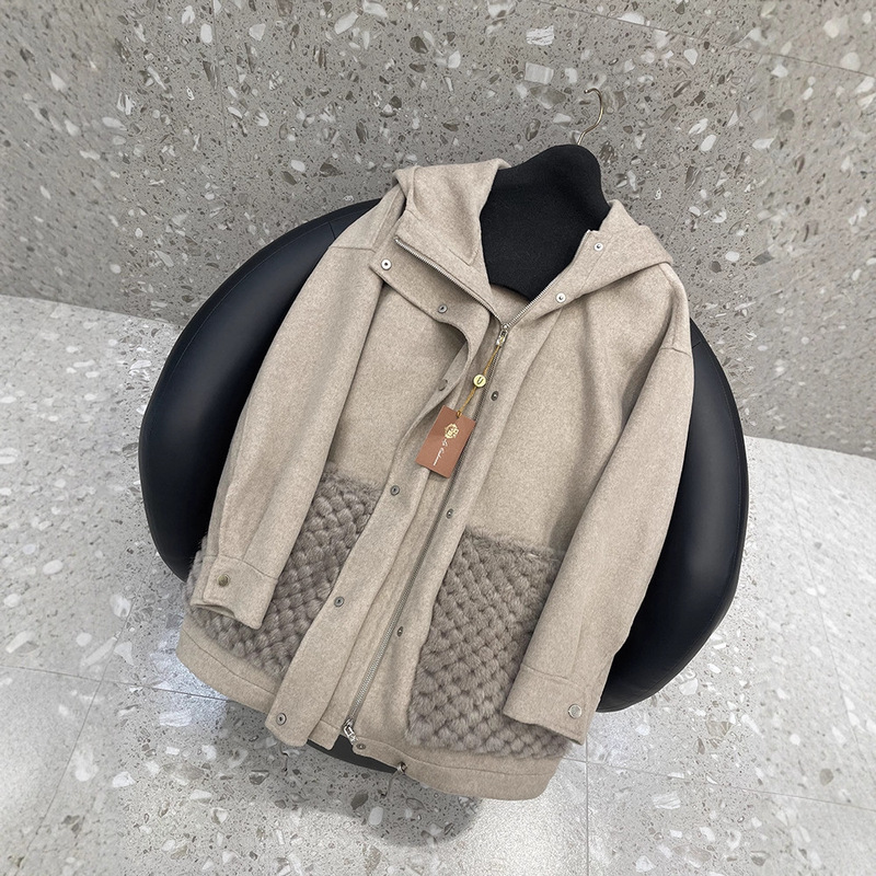 2025 New Lp Same Style Oatmeal Mink Fur Pocket Hooded Mid-Length Double-Sided Cashmere Coat Loose Jacket
