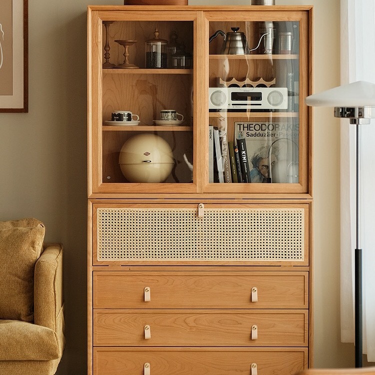 Japanese Style Full Solid Wood Combination Bookcase Cherry Wood Storage Cabinet with sliding door Sideboard Modern Simple Storage Cabinet Log