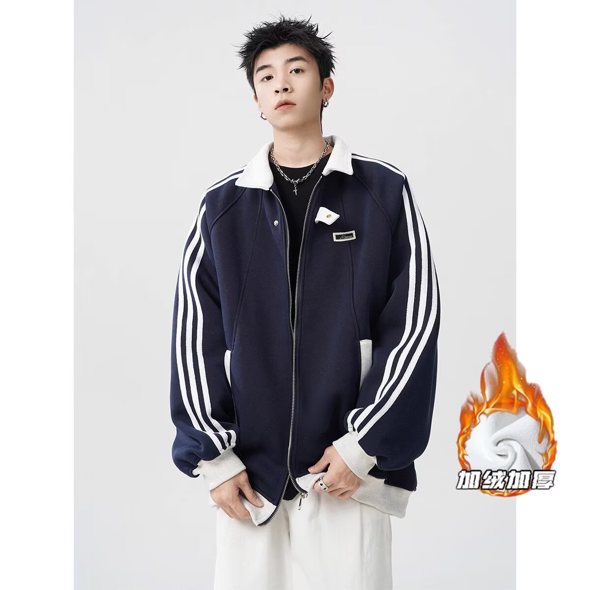 American-Style Patchwork Sports Jacket for Men, Autumn and Winter Striped Baseball Jacket, Artistic Men's Jacket with Fleece Lining and Thickened Coat