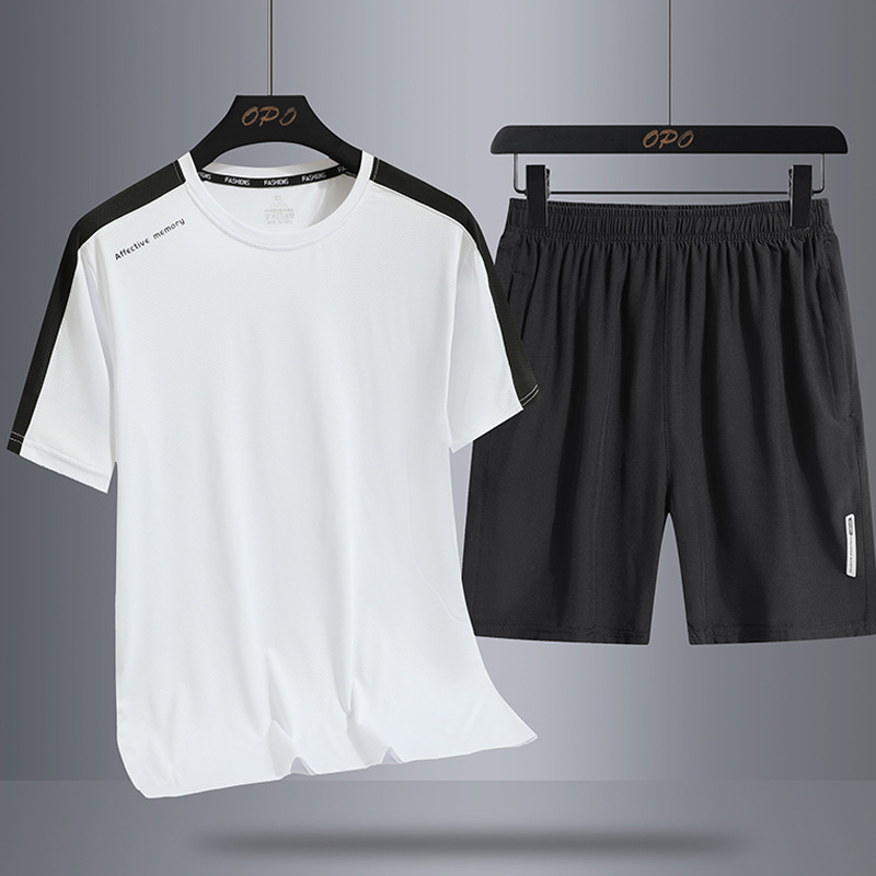 Traje deportivo de verano para hombre de seda de hielo casual suelto de dos piezas nuevo transpirable de secado rápido al aire libre cuello redondo Camiseta pantalones cortos